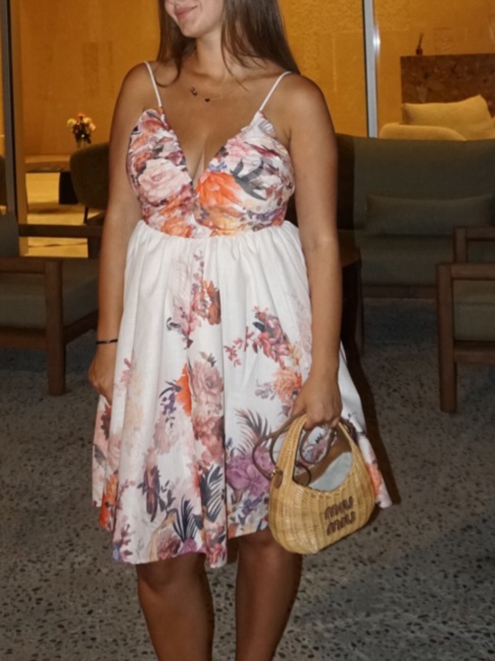 Floral V-Neck Spaghetti Strap Dress in Cream and Orange